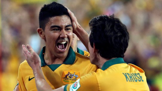 Flashback: Massimo Luongo celebrates with Robbie Kruse after scoring in the Asian Cup final against South Korea at Stadium Australia in 2015.