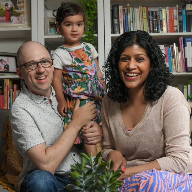 Greens leader Samantha Ratnam at home in East Brunswick with her husband Colin Jacobs and  daughter Malala.