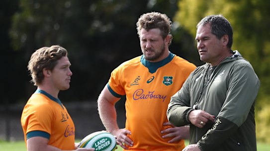 Michael Hooper (left), James Slipper (centre) and Dave Rennie (right) on Tuesday at Sanctuary Cove. 