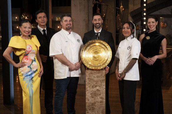 The MasterChef finalists and judge and their big shiny plate.