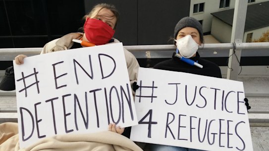 Refugee activists on the roof of the Mantra hotel in Preston on Tuesday.