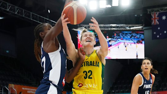 Opals guard Sami Whitcomb drives to the basket against Belgium in a warm-up game.