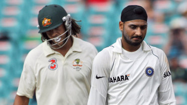 Andrew Symonds and Harbhajan Singh at the SCG in 2008.