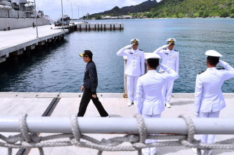 Indonesia's President Joko Widodo, left, on a military base in the Natuna waters in January.