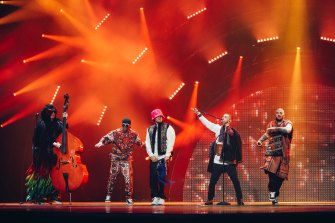 Ukraine’s Kalush Orchestra perform at the Eurovision Song Contest final in Turin, Italy.