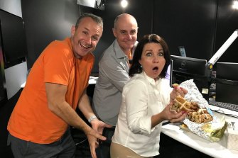 4KQ’s current breakfast team of Mark Hine (left), Gary Clare and Laurel Edwards.
