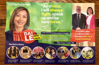 Dai Le, an independent local candidate running against Kristina Keneally in the western Sydney seat of Fowler, has used imagery of outgoing Labor MP Chris Hayes in her campaign material.
