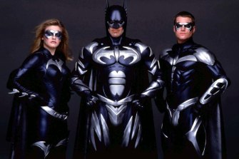 George Clooney as Batman with Alicia Silverstone as Bat Girl and Chris O’Donnell as Robin from Batman & Robin.