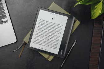 The Kobo Sage has a bigger screen than any Kindle, is comfortable to hold, works with e-books you get from other stores or the local library, plays audiobooks and can become a notepad with the sold-separately stylus. 