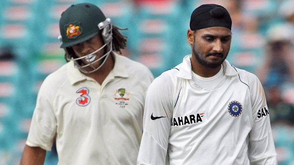 Powderkeg: Harbhajan Singh and Andrew Symonds at the SCG in 2008.