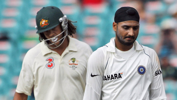 Andrew Symonds and Harbhajan Singh at the SCG in 2008.