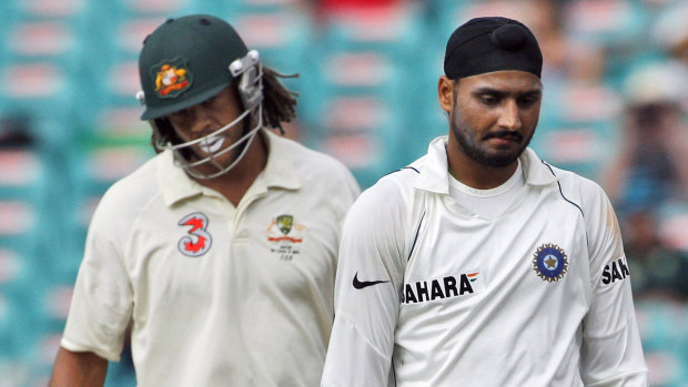Andrew Symonds and Harbhajan Singh at the SCG in 2008.