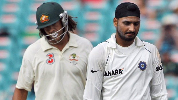 Powderkeg: Harbhajan Singh and Andrew Symonds at the SCG in 2008.