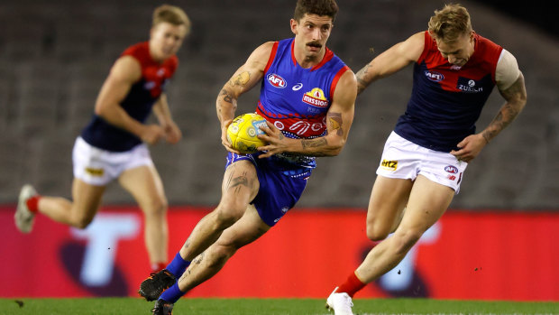 Tom Liberatore in action during the AFL’s round 11 match between the Western Bulldogs and Melbourne at Marvel Stadium.