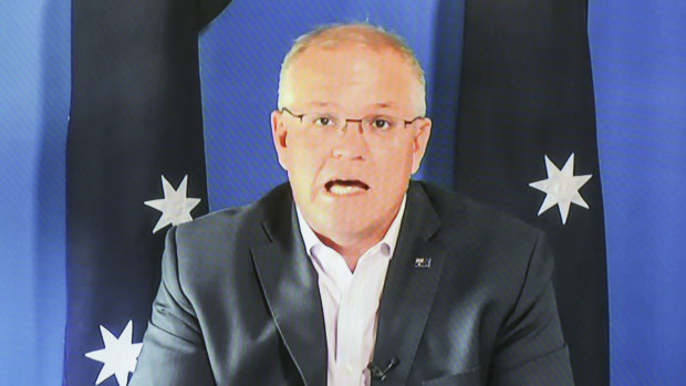 Prime Minister Scott Morrison speaking at a virtual press conference on Saturday.