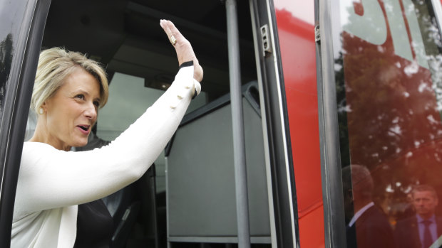 Senator Kristina Keneally boards Bill Shorten's campaign bus on the second day of the race to The Lodge. 