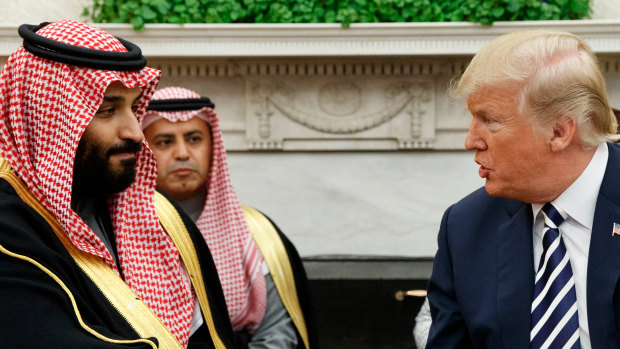 US President Donald Trump  with Saudi Crown Prince Mohammed bin Salman in the Oval Office of the White House in Washington in March 2018.