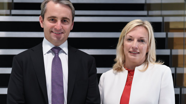 CBA chief executive Matt Comyn and Australia Post CEO Christine Holgate after announcing the bank will pay AusPost an increased fee.