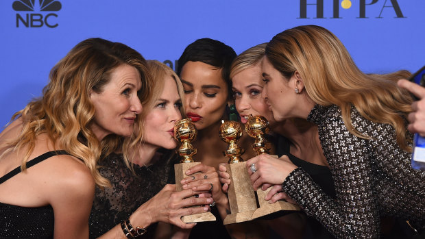 Laura Dern, Nicole Kidman, Zoe Kravitz, Reese Witherspoon and Shailene Woodley pose in the press room with the award for best television limited series or motion picture made for television for "Big Little Lies" at the 75th annual Golden Globes 2018.