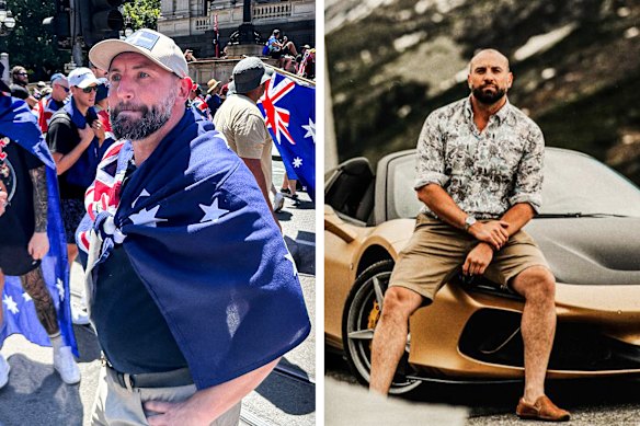 Stirling Cooper has often been pictured driving flash cars and at NSN events, including the recent March for Australia in Melbourne (left) on January 26.