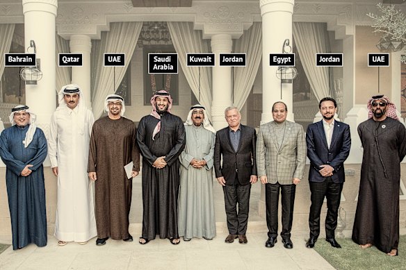 A Saudi-hosted meeting of regional leaders in February 2025, from left to right: Bahrain Crown Prince Salman bin Hamad Al Khalifa, Qatar’s Emir Sheikh Tamim bin Hamad Al-Thani, UAE’s President Sheikh Mohammed bin Zayed Al Nahyan, Saudi Crown Prince Mohammed bin Salman, Emir of Kuwait Mishal Al-Ahmad Al-Jaber Al-Sabah, King Abdullah II bin Al-Hussein of Jordan, Egyptian President Abdel Fattah el-Sissi, Jordan’s Crown Prince Hussein bin Abdullah, and UAE National Security Adviser Sheikh Tahnoun bin Zayed al-Nahyan.