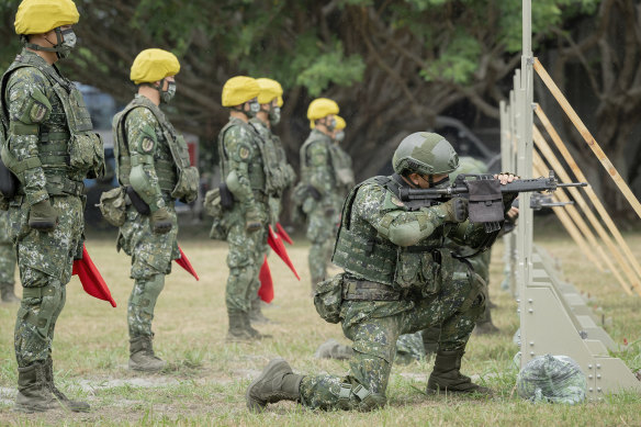 Taiwanese soldiers during regular drills held in earlier this year. Joe Biden has said the US would go to the island’s defence in the case of a Chinese invasion.