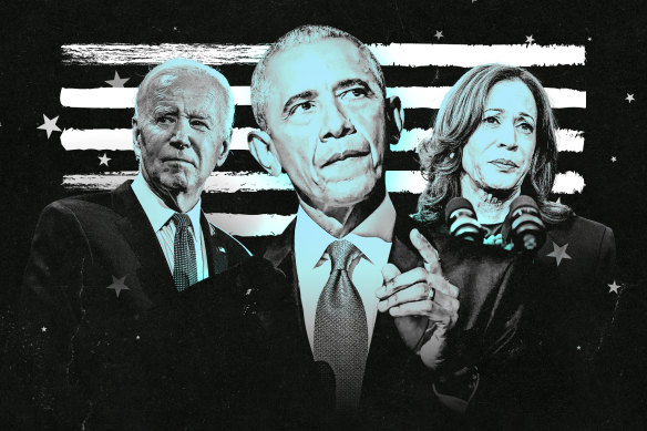 Former Democrat presidents Joe Biden and Barack Obama and unsuccessful 2024 presidential candidate Kamala Harris. Photos: AP, Bloomberg