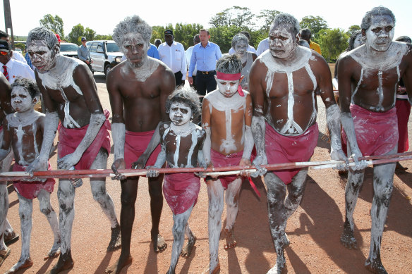 Tony Abbott is welcomed to Yirrkala during his visit to North East Arnhem Land in 2014.