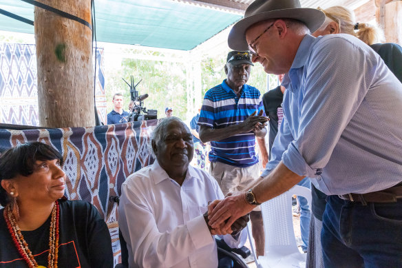 Prime Minister Anthony Albanese is received by Indigenous leader Galarrwuy Yunupingu at the Garma Festival in East Arnhem in July.