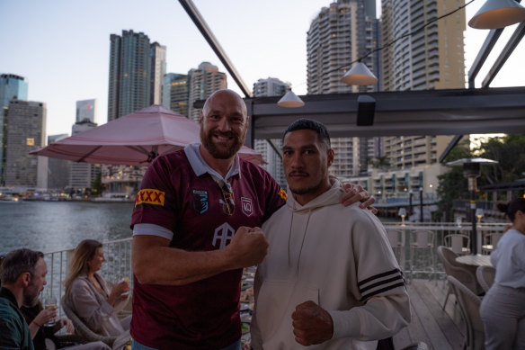 When in Rome: Tyson Fury sports a Queensland Maroons jersey with Jai Opetaia in Brisbane.