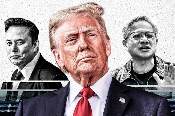 Il CEO di Tesla Elon Musk, il presidente degli Stati Uniti Donald Trump, il CEO di Nvidia Jensen Huang.