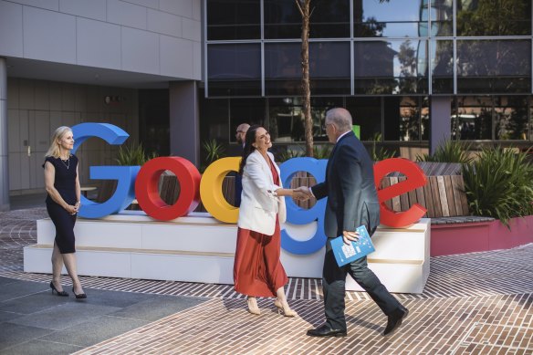 Google Australia managing director Mel Silva greets Prime Minister Scott Morrison at the company’s Sydney offices.