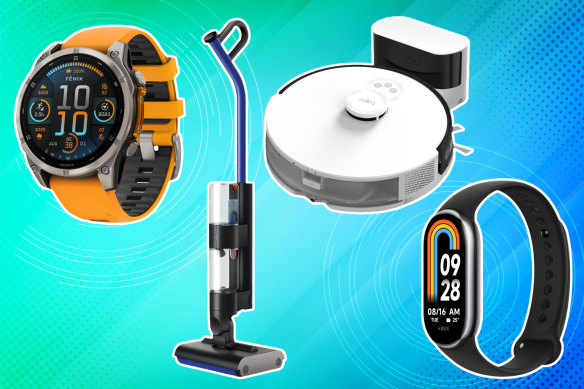 From left: Garmin Fenix 8; Dyson WashG1; TP-Link Tapo RV30 Robot Vacuum & Mop; Xiaomi Smart Band 9.