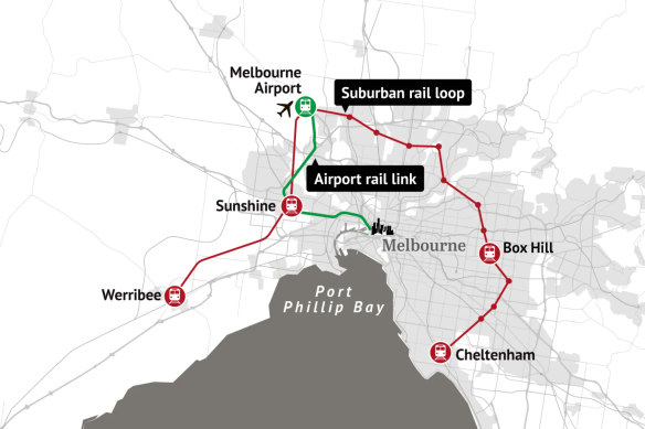 The Victorian government’s planned Suburban Rail Loop. The first stage, from Cheltenham to Box Hill, is expected to cost up to $35 billion.