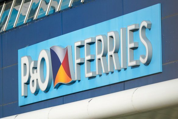 A P&O Ferries Ltd. sign at the Port of Hull in the UK.