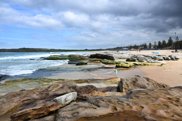 Large swells washed the sand away, exposing a rocky cove at North Maroubra.