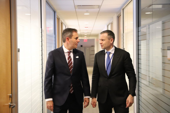 Treasurer Jim Chalmers with Ukraine’s Minister of Finance, Sergii Marchenko. Chalmers says the budget will have an economic security focus.