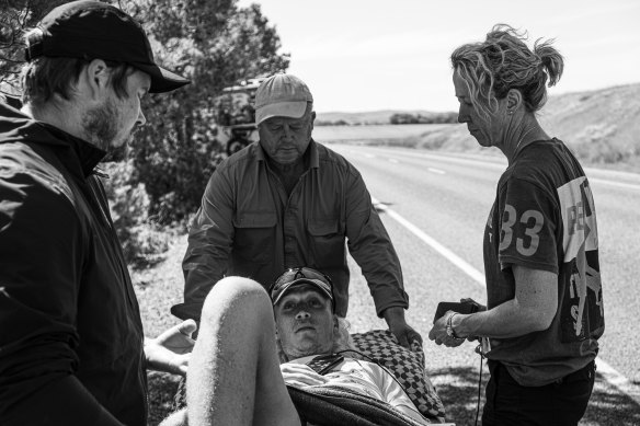 Brockmann with (left) physio Alex Bell, father Ian and mum Kylie on his run across Australia