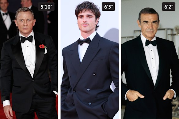 Australian Jacob Elordi (centre) is tipped as a future 007 but, at six feet five inches, is he too tall for the role previously played by Daniel Craig (left, 5 ft 10) and Sean Connery (right, 6 ft 2).