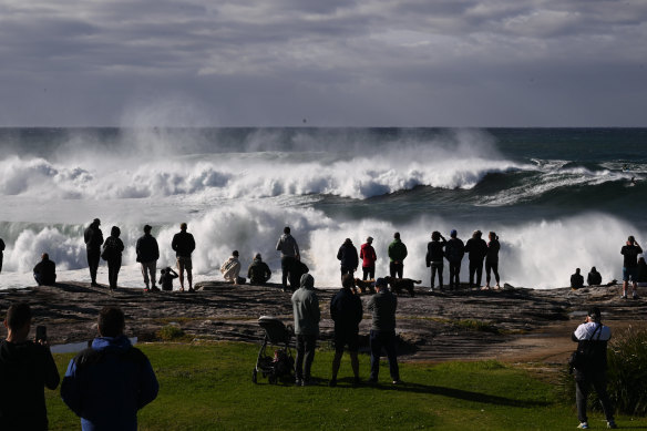 Crowds gathered at Trenerry Reserve to watch the big surf in Coogee on Monday.