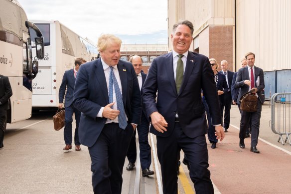 Australia’s Deputy Prime Minister, Richard Marles, with then-British Prime Minister Boris Johnson in Barrow for the commissioning of Astute-class submarine.