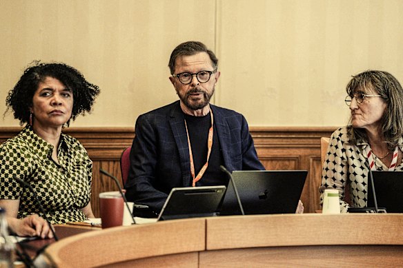Singer-songwriter Bjorn Ulvaeus, formerly of ABBA (centre), at a discussion on AI and copyright in London in April 2025.