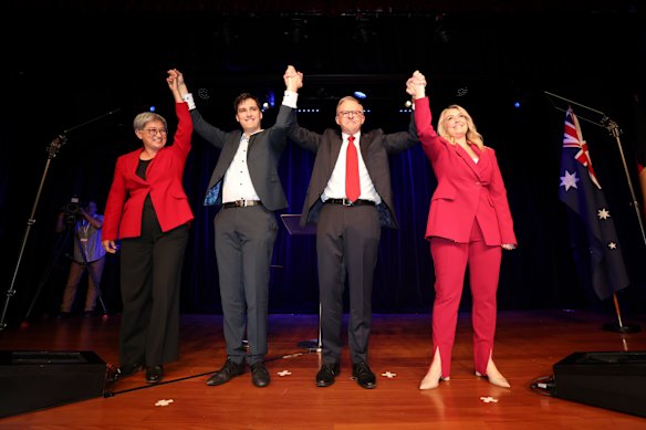 Albanese celebrates with Penny Wong, his son Nathan and fiancee Jodie Haydon.