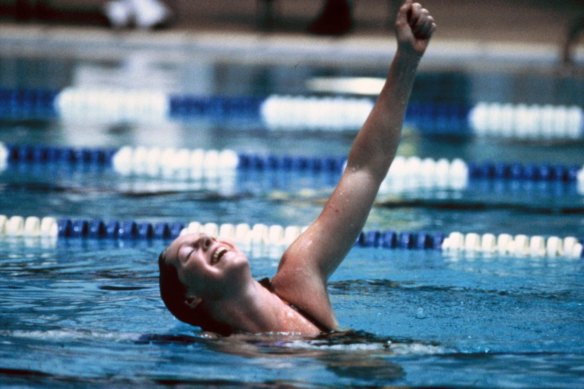Michelle Ford celebrates victory at the 1980 Olympics in Moscow.