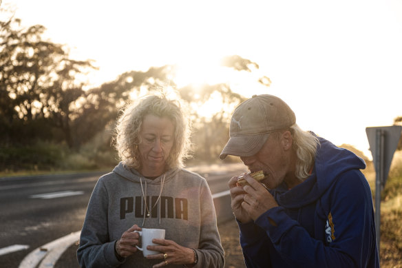 Nedd Brockmann pictured with his mother, Kylie, on the road.
