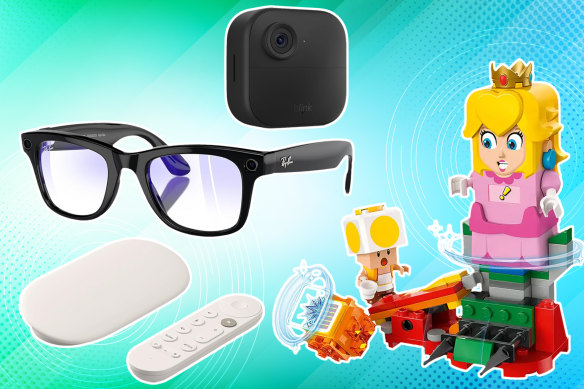Clockwise from top: Blink Outdoor 4, Adventures with Interactive LEGO Peach, Google TV Streamer, Ray-Ban Meta Smart Glasses.