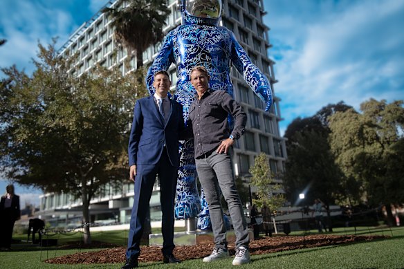 WA Liberal leader and former Perth lord mayor Basil Zempilas with artist Brendan Murphy at the unveiling of Murphy’s latest Boonji Spaceman - titled Lightning - at Perth’s Council House on Thursday.