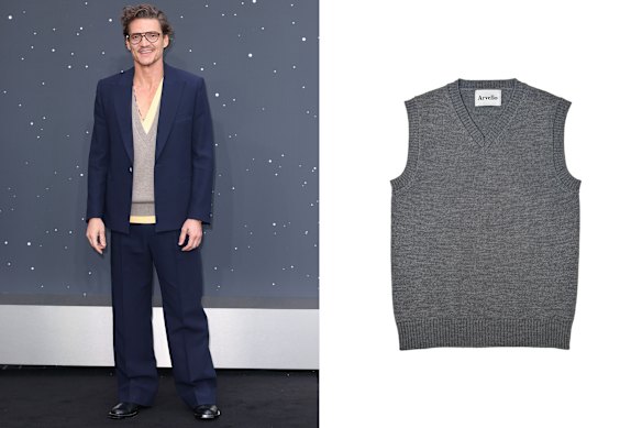 Above: Pedro Pascal; right: Arvello merino vest.