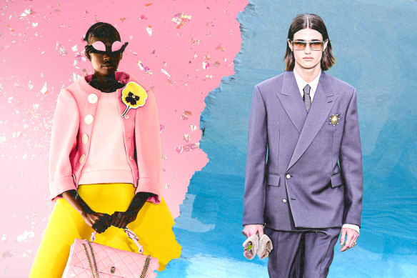 Models in Marc Jacobs womenswear, autumn 2024, and Louis Vuitton menswear, spring 2025.