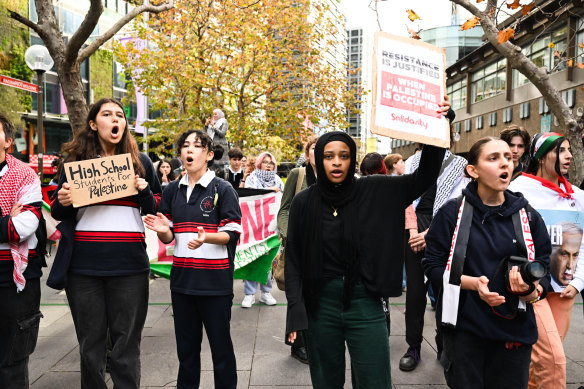 High school and university students protest against Israel outside the University of Technology Sydney.